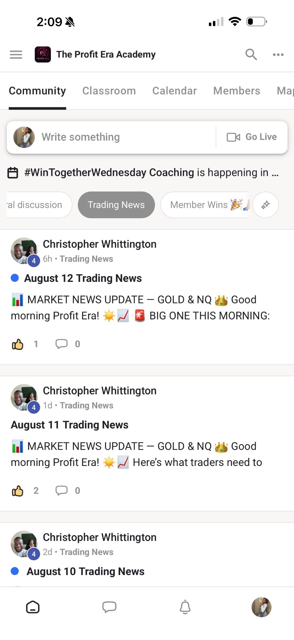 Daily market news posts inside the Profit Era community