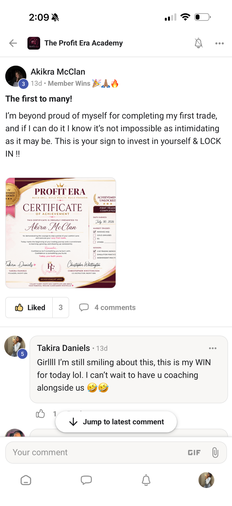 Member celebrating completion of her first trade